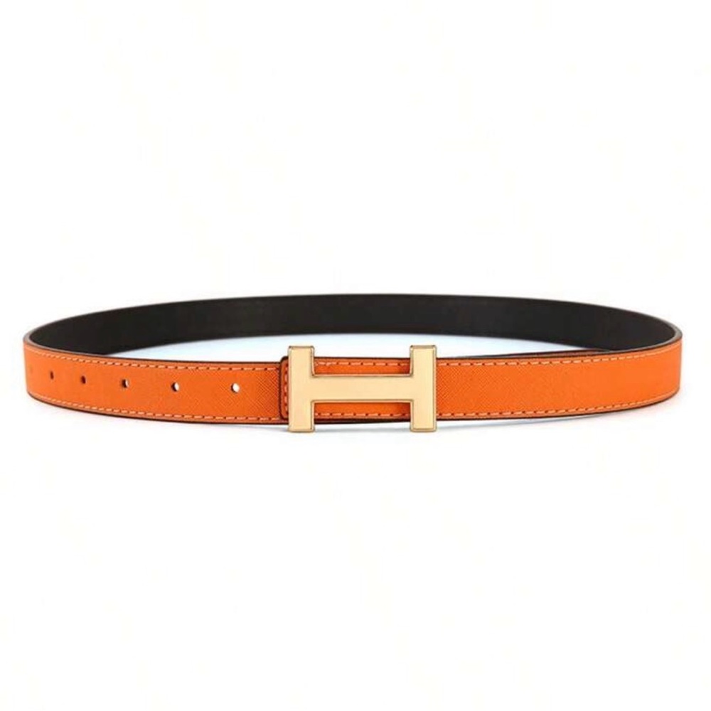 Size 110-women’s designer inspired H Buckle Reversible Leather Belt in Orange